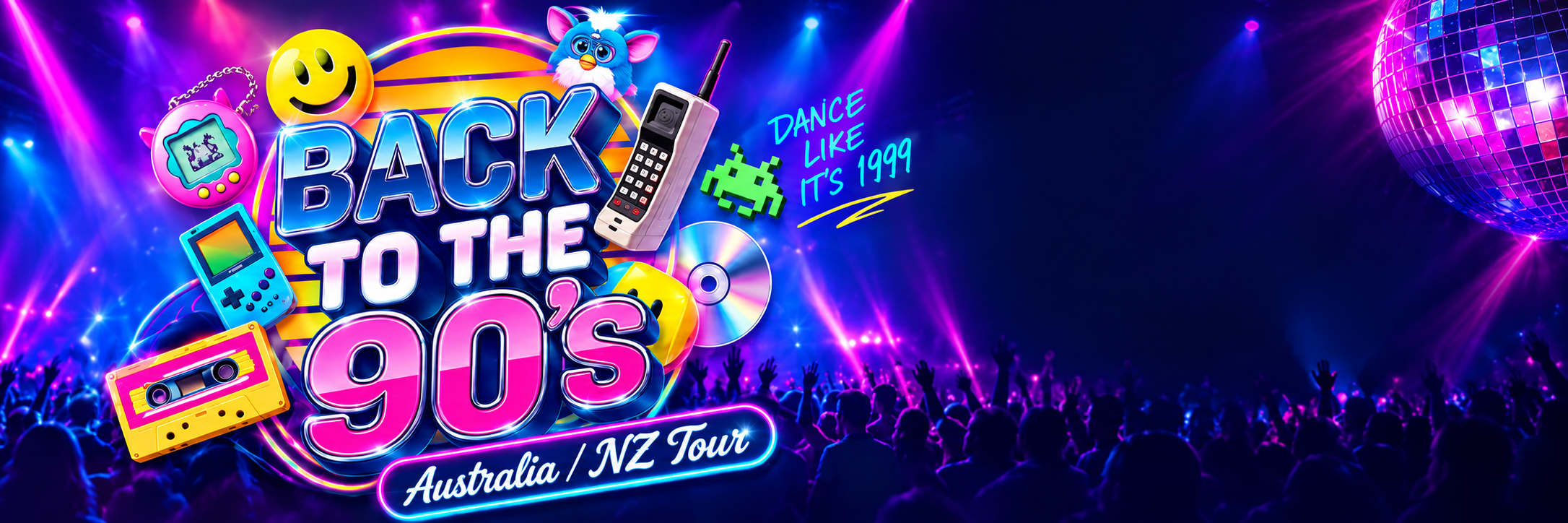 Back to the 90’s Australia / NZ Tour, neon party artwork