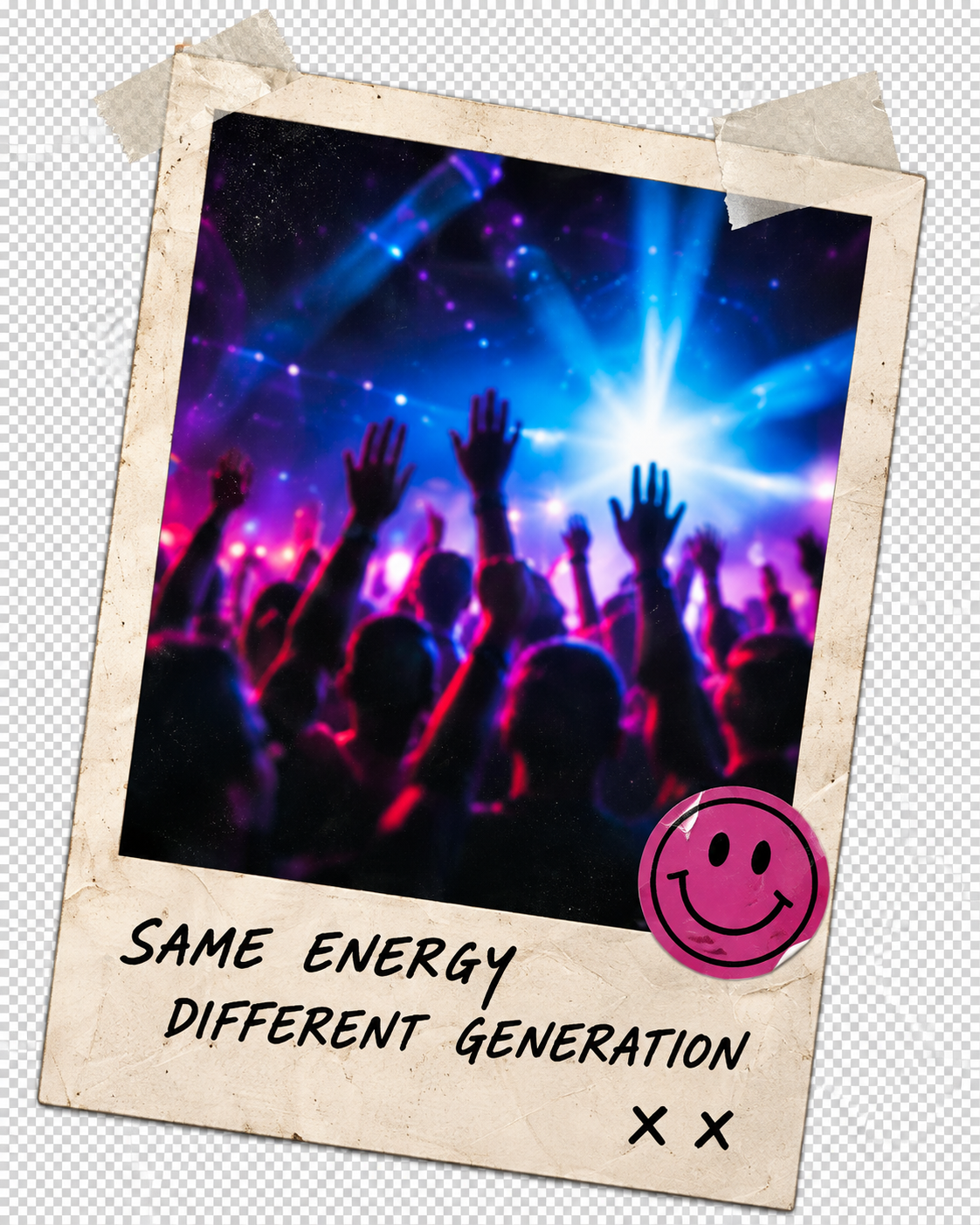 Taped photograph of a neon-lit crowd with a pink smiley sticker. Same energy, different generation.