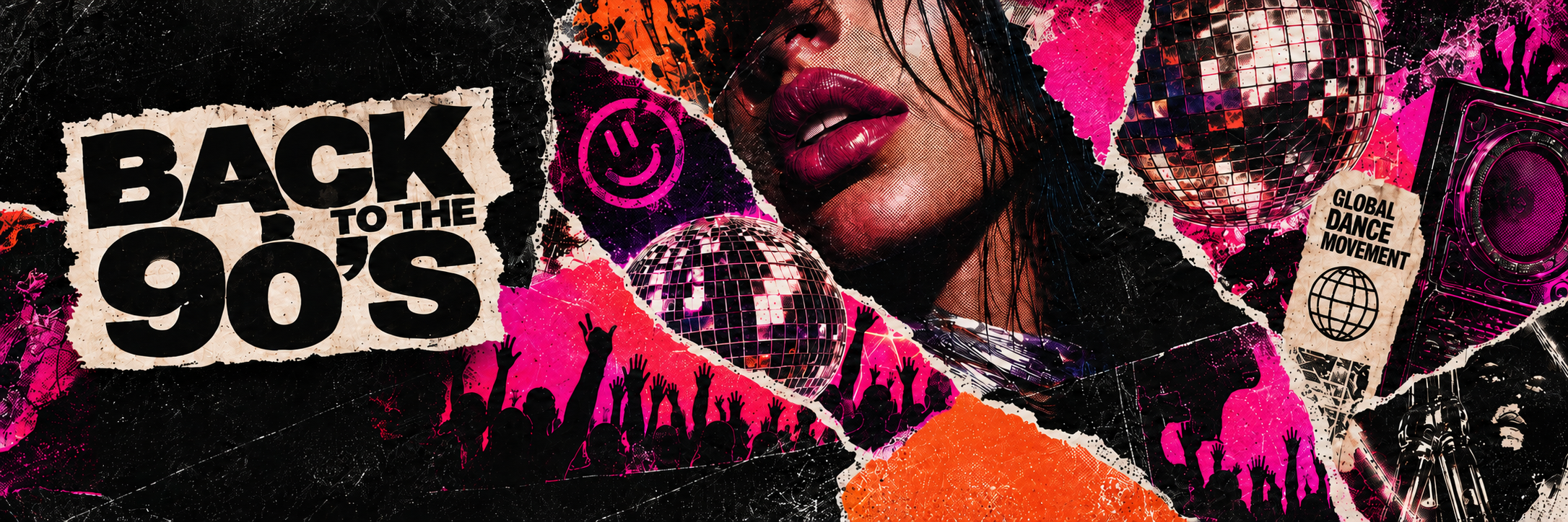 Back to the 90’s record label — torn paper, disco balls and vibrant club culture
